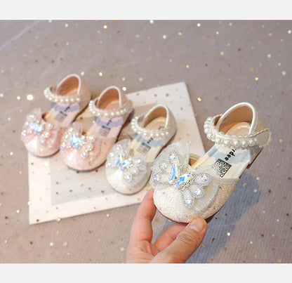 Baby Girls Leather Shoes  Spring Summer Children Casual Half Sandals Sequins with Crystal Butterfly Fashion Princess Sweet