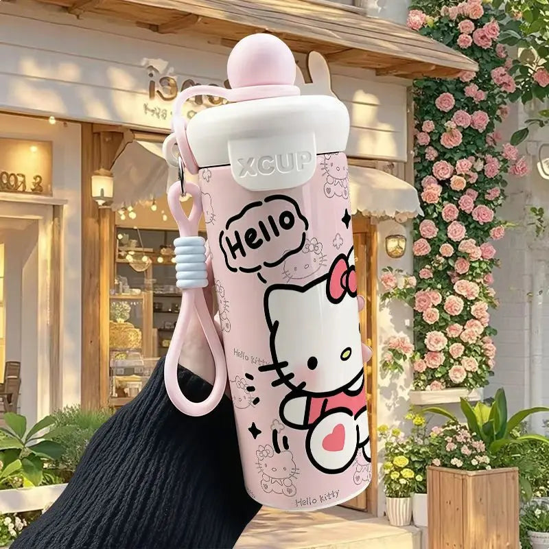 600ml Sanrio Hello Kitty Vacuum Thermos Cup SS316 Insulated Coffee Mug with Lifting Rope Portable Outdoor Drinking Water Kettle