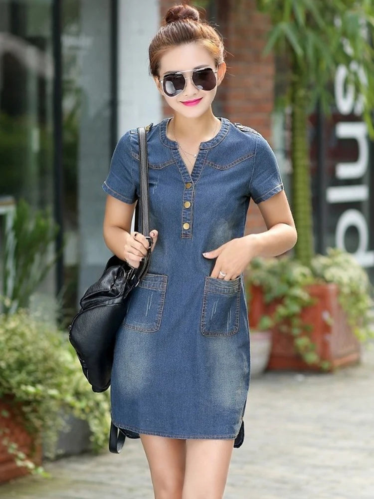 Summer Fashion Women Denim Dresses Casual Short Sleeves V-neck Mini Dresses Elegant Solid Office Ladies Dresses Robe