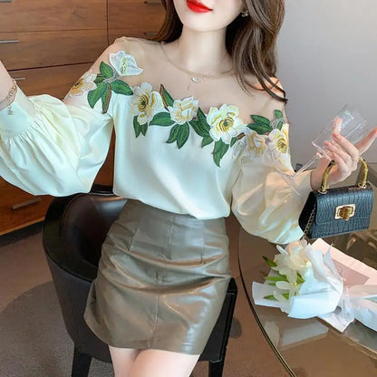 Fashion Women's Blouse Shirt Patchwork Long Sleeve Mesh Perspective Embroidered Flowers Chiffon Shirt Sexy Apricot Floral Shirt