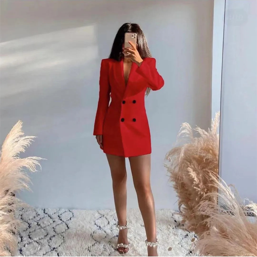 Women Suit Dress Fall New Elegant Blazer Backless Double-breasted Long Sleeve Dress OL Style Sexy Fashion Suits 2024 Spring
