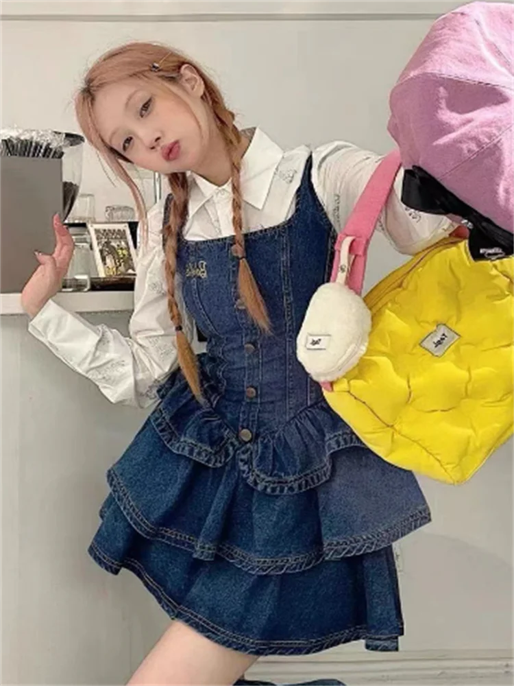 Retro shirt +dress set women slim waist denim halter dress