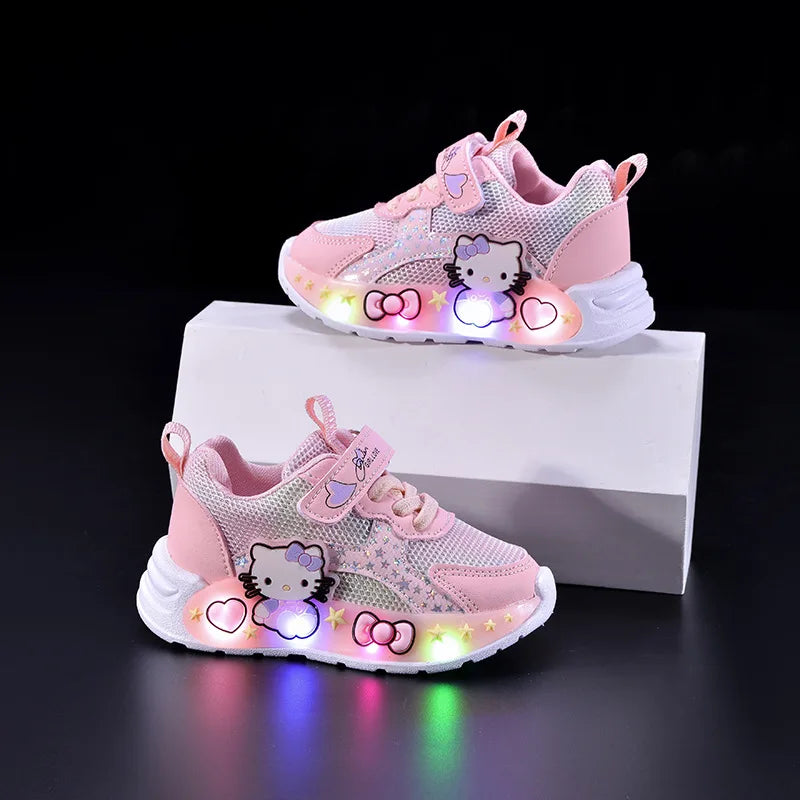 Hello Kitty Led Casual Sneakers for Summer Girls Print Mesh Breathable Shoes Children Lighted Non-Slip Cute Outdoors Sport Shoes