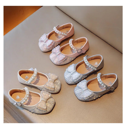 Children's Leather Shoes Bling Sequins Bowknot Princess Shoes for Girls Sweet Chic Kids Causal Wedding Shoes Shallow Versatile