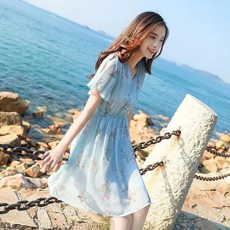 Sweet V-Neck Printing Shirring Bow Chiffon Floral Dress Female Clothing Summer New Loose Butterfly Sleeve Princess Dress