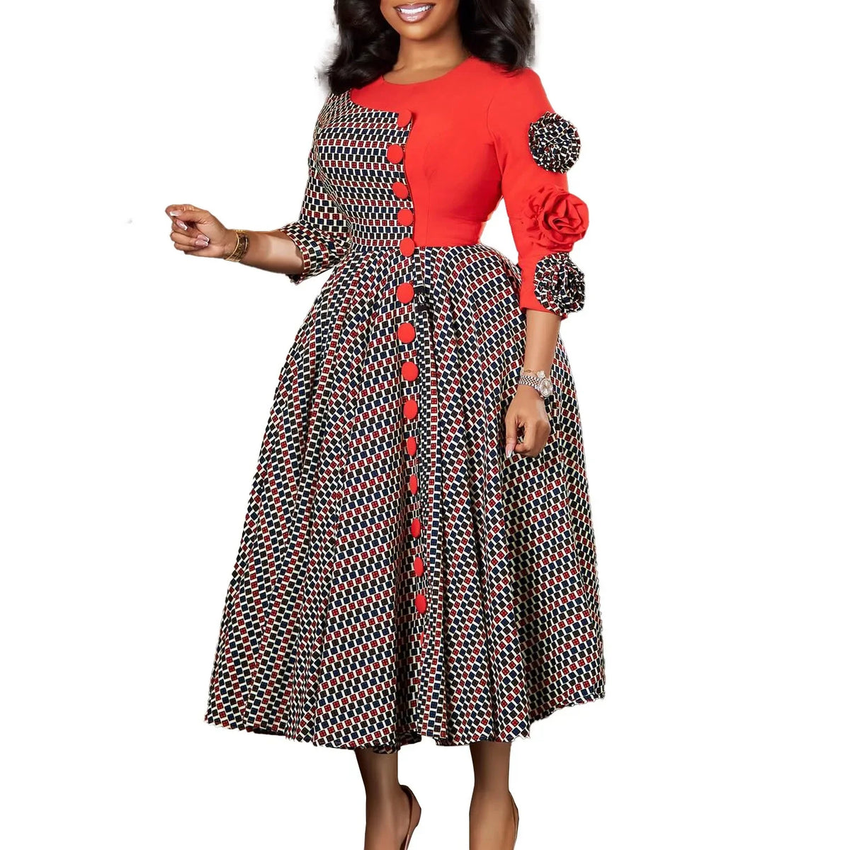 Elegant Dresses for Women O Neck Half Sleeve High Waisted Pleated Mid Calf Fashion Printed Luxury Birthday Party Dinner Dress