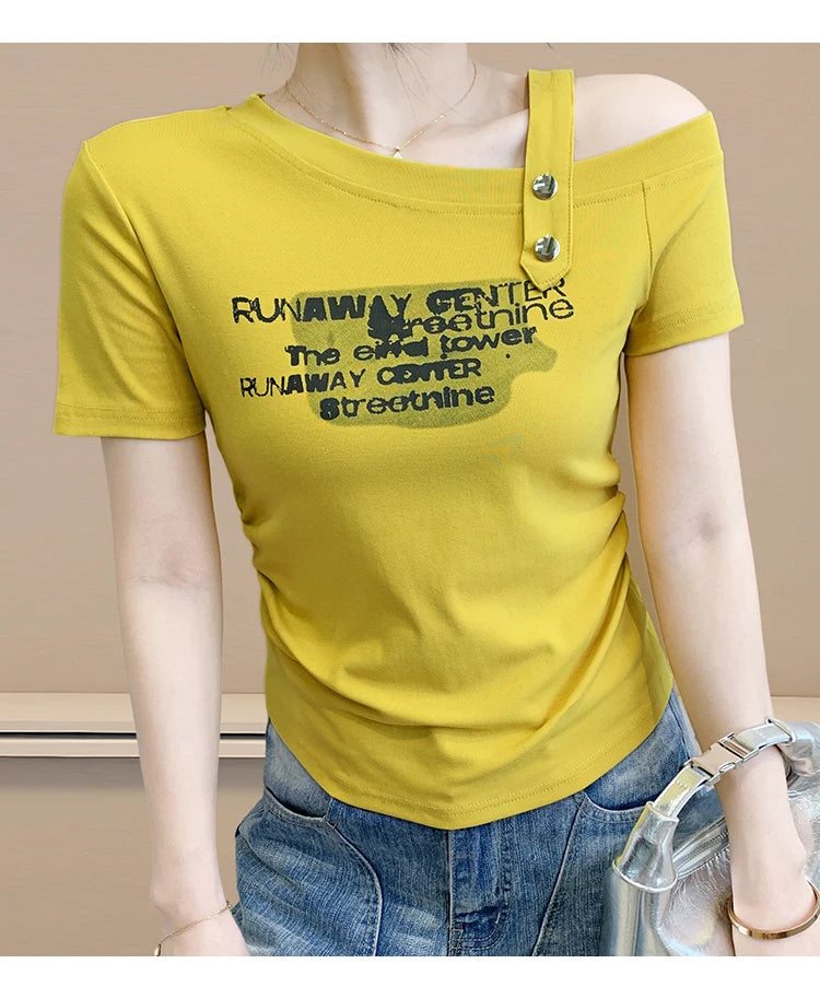 Sexy oulder Bared T irt Women's ort Sve Asymmetrical Collar Faionable Slimming Top Korean Sle Cotton Blend Summe...