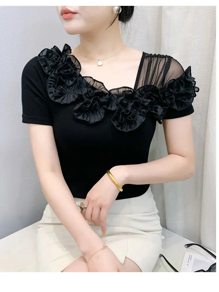 Faionable Floral Lace Ear ort Sve Slimming Me oulder Bared T-Shirt Women's Casual Sle Polyester Fabric Tee irt