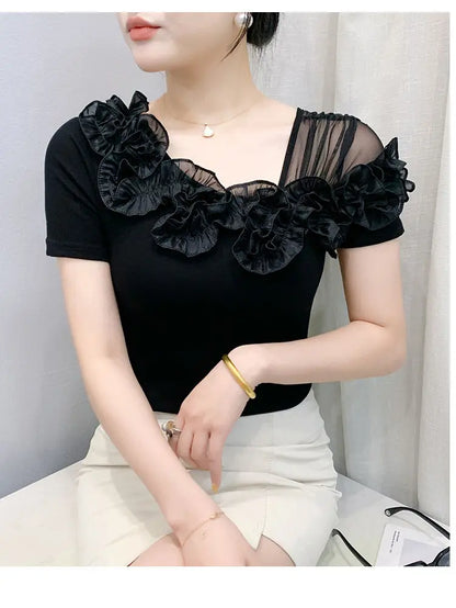 Faionable Floral Lace Ear ort Sve Slimming Me oulder Bared T-Shirt Women's Casual Sle Polyester Fabric Tee irt