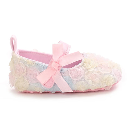 Cute Flower Baby Princess Shoes With Bow Decoration Soft Sole Comfortable Flat Shoes Suitable For 0-18M Infants And Toddlers