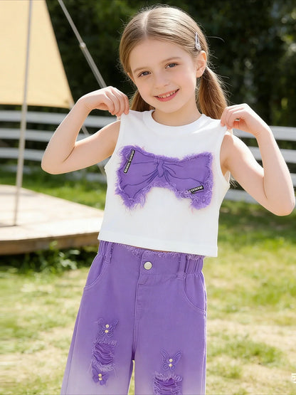 Girls Summer Outfit Set – Sleeveless Bow Top & Gradient Ripped Denim Wide Leg Pants, Fashionable Kids Casual Wear