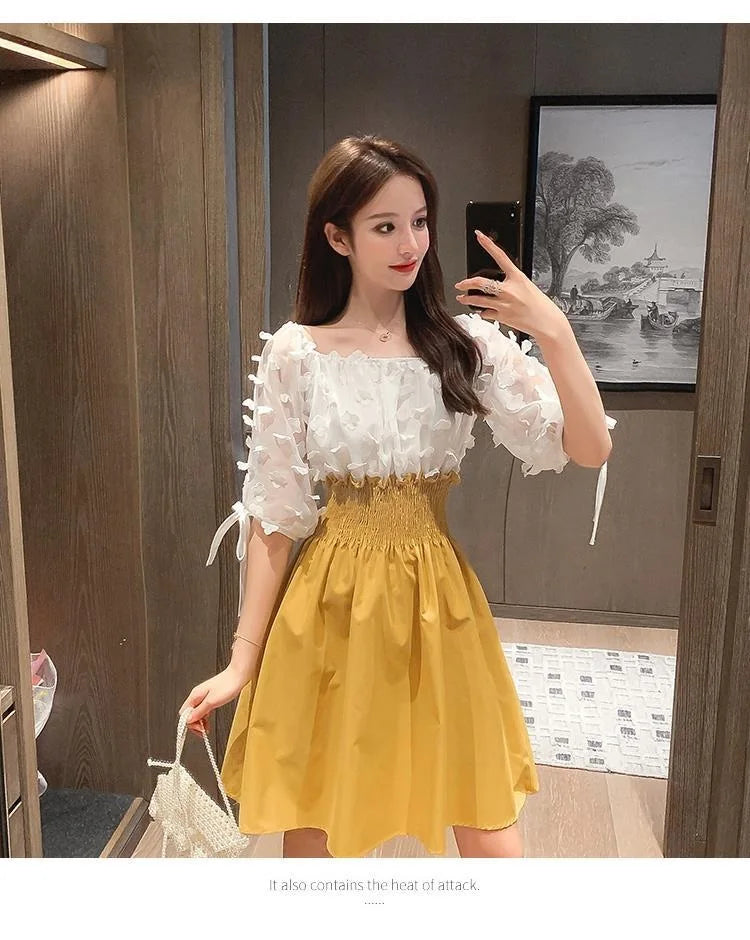Women Summer French Style Elastic Waist Dress Korean Edition New Splicing Design Slim Half Sleeve Fairy Knee-length Dresses