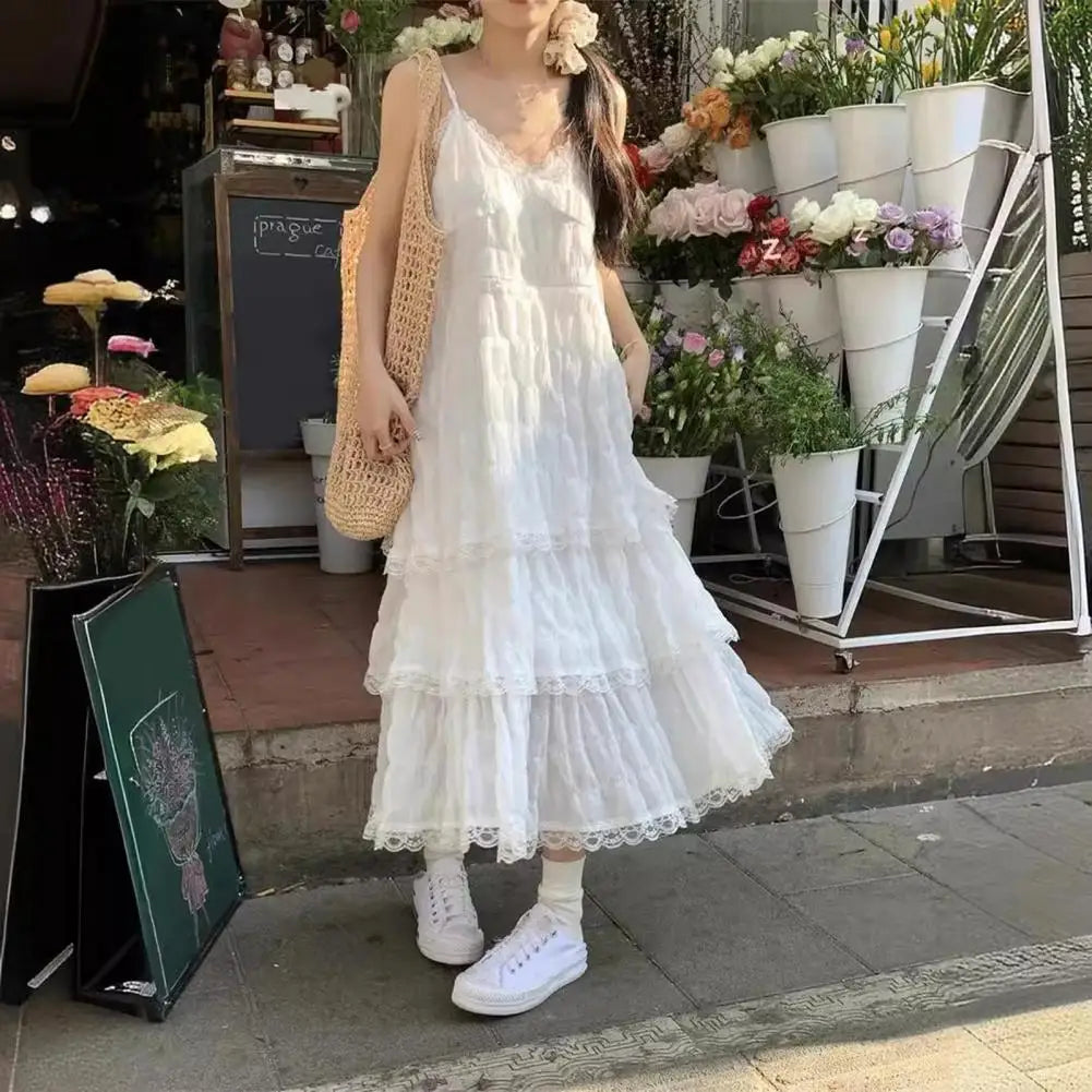 Women Dress Elegant V-neck Lace Maxi Dress for Women Solid Color Sling Dress with Multi Layer Design Stylish Loose Cut Evening