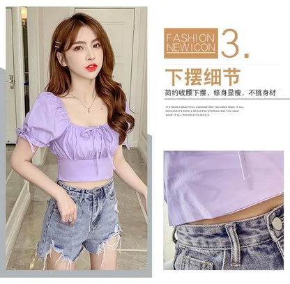 New Women's One-shoulder Lace-up Short Sleeve Waist-hugging Top
