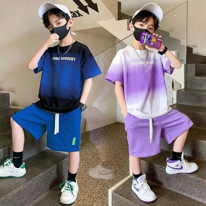 Children's Boy Clothes Set Summer Gradient Letter T-shirts and Shorts Suit Teenage Short Sleeve Top Bottom 2 Pieces Tracksuit