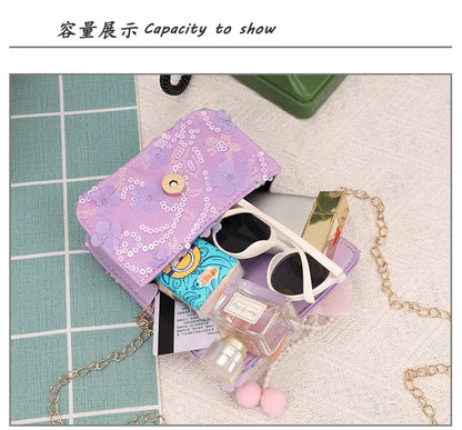 Cute Sequin Bow Kids Mini Square Shoulder Bags Versatile Children Chain Crossbody Bag Lace Girls Pearl Handbags Clutch Purse