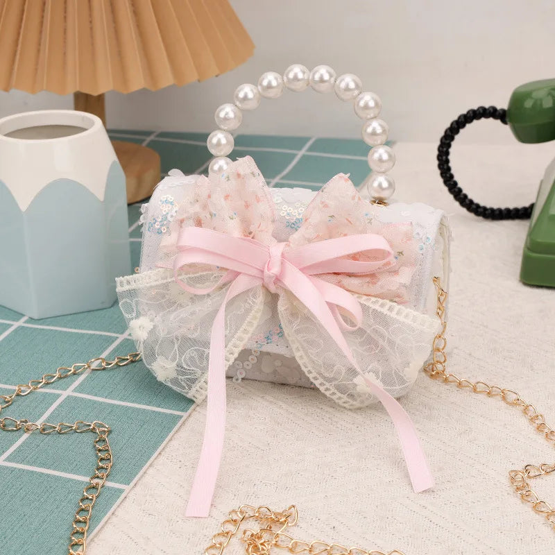 Cute Sequin Bow Kids Mini Square Shoulder Bags Versatile Children Chain Crossbody Bag Lace Girls Pearl Handbags Clutch Purse (Available)