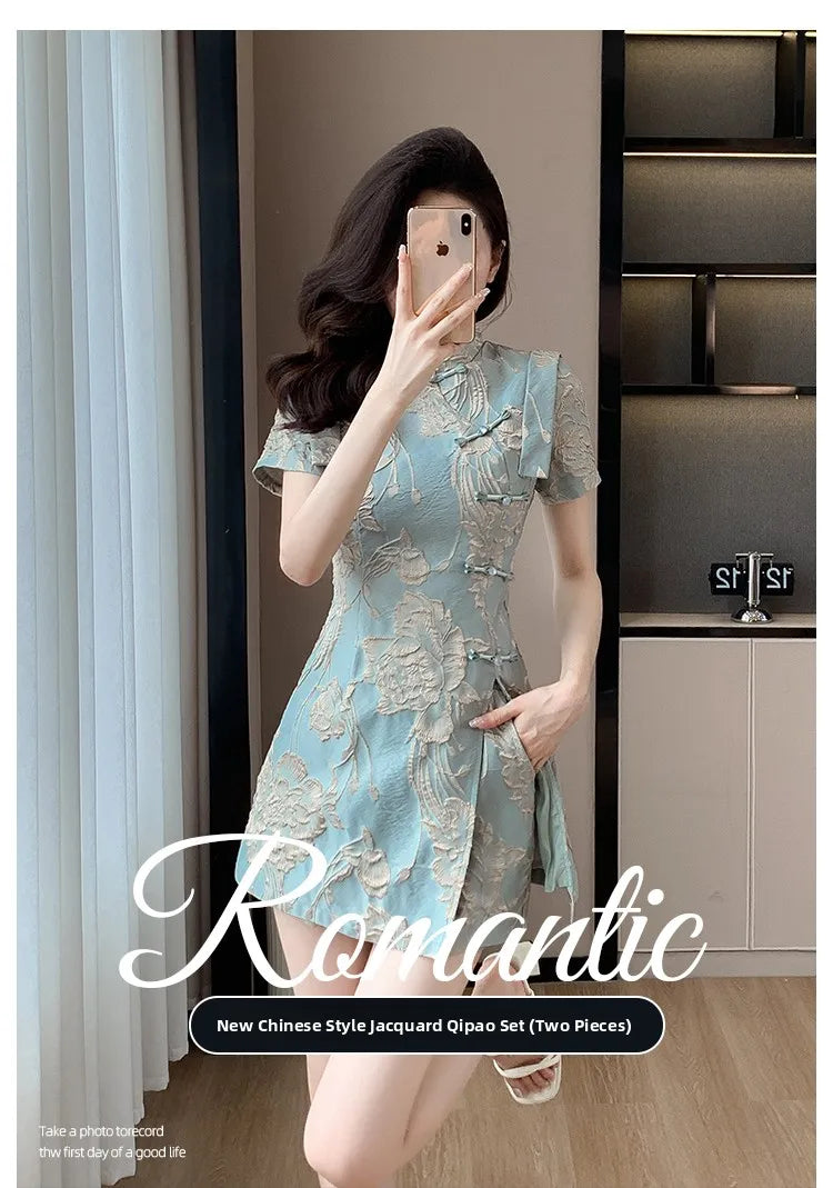 Faionable  Outfit Stand Collar Side Button Mid-Length irt orts Two-Piece Set New 2025 Versatile Nylon Material