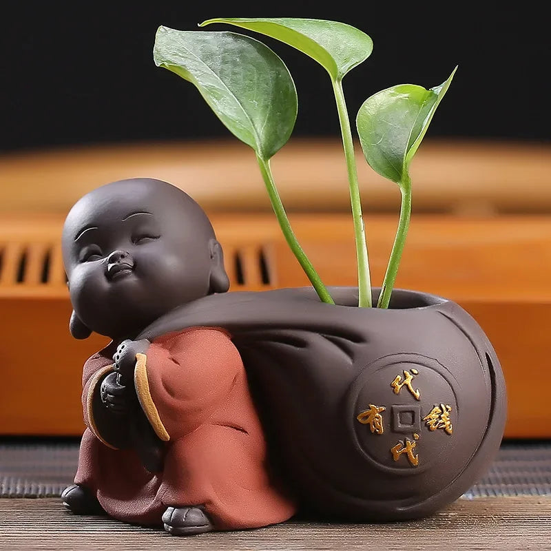 Fortune Lucky Cute The Little Monk Purple Clay Tea Pet Home Decor Mini Water Planting Flower Vase (Available)