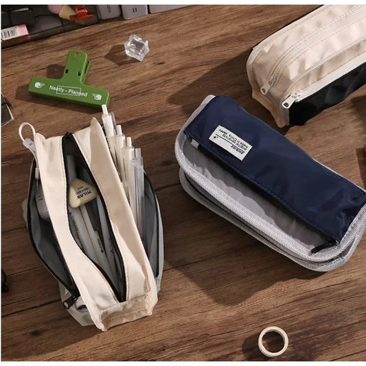 Outdoor Style Pencil Bag Pen Case Hitting Color Canvas 3 Layer Pocket Storage Pouch for Stationery School