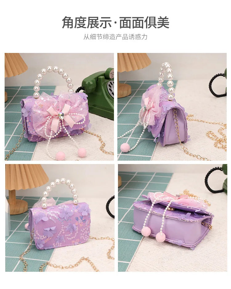 Cute Sequin Bow Kids Mini Square Shoulder Bags Versatile Children Chain Crossbody Bag Lace Girls Pearl Handbags Clutch Purse (Available)