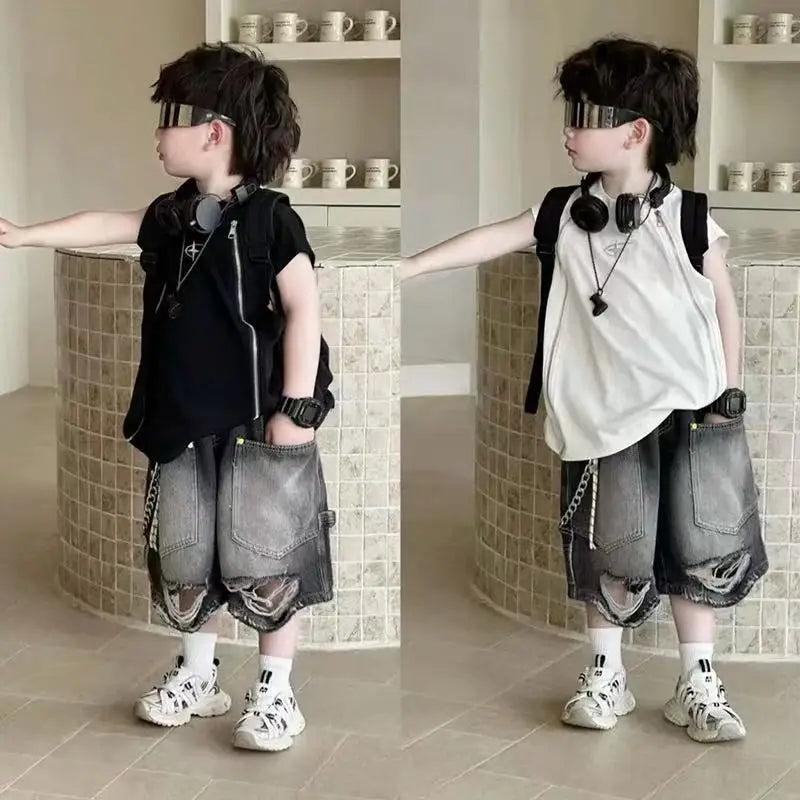 Boy Handsome Korean Version Sleeveless Vest + Retro Ripped Denim Shorts Two-piece Set Children's Casual Loose Set