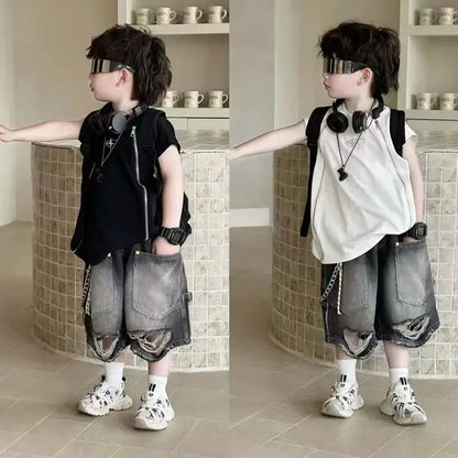 Boy Handsome Korean Version Sleeveless Vest + Retro Ripped Denim Shorts Two-piece Set Children's Casual Loose Set