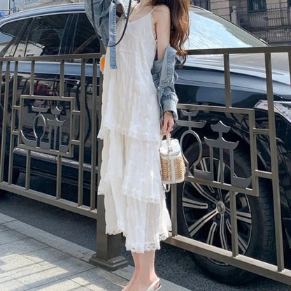 Women Dress Elegant V-neck Lace Maxi Dress for Women Solid Color Sling Dress with Multi Layer Design Stylish Loose Cut Evening