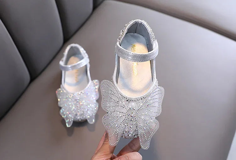 Girls Leather Shoes Children's Lace Butterfly Rhinestone Pearls Beading Performance Single Shoes Fashion Weeding Kids Shoes