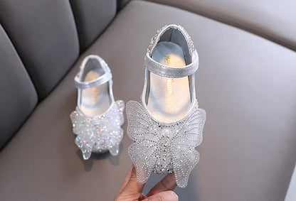 Girls Leather Shoes Children's Lace Butterfly Rhinestone Pearls Beading Performance Single Shoes Fashion Weeding Kids Shoes