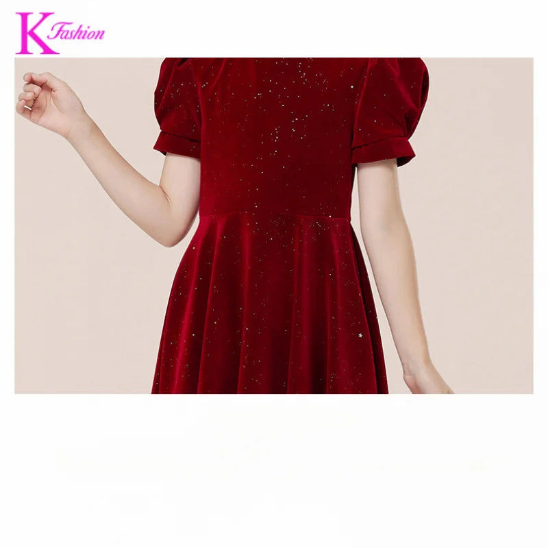 Kids Party Dress Clothing For Birthday Princess  Wine Red Piano Wedding Flower Girl 5-17 Years Old  Host Children's Formal Dress