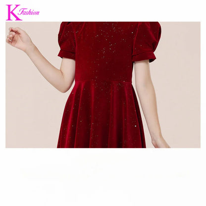 Kids Party Dress Clothing For Birthday Princess  Wine Red Piano Wedding Flower Girl 5-17 Years Old  Host Children's Formal Dress