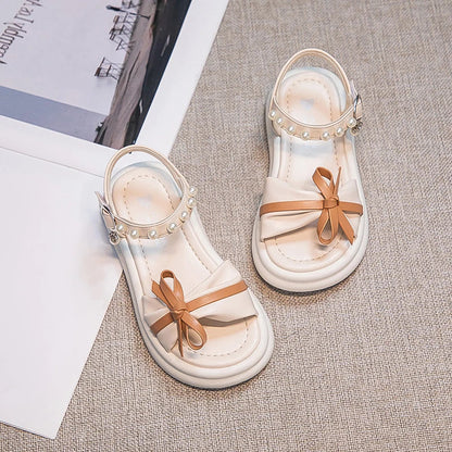 Girls Sweet Princess Sandals Soft Bottom Children Summer Beach Shoes Non-Slip Soft Sole Kids Flats Beading Sandals with Bow-knot
