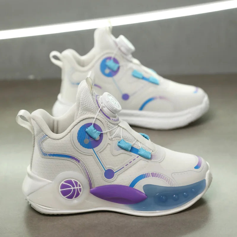 Children Basketball Shoes Boys Sports Comfortable Non Slip Flat Fitness Shoes  New Rotating Button Sports Sneakers for Kids