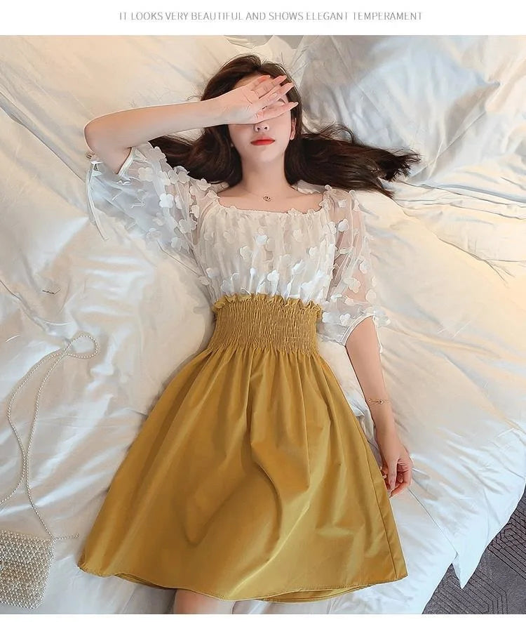 Women Summer French Style Elastic Waist Dress Korean Edition New Splicing Design Slim Half Sleeve Fairy Knee-length Dresses