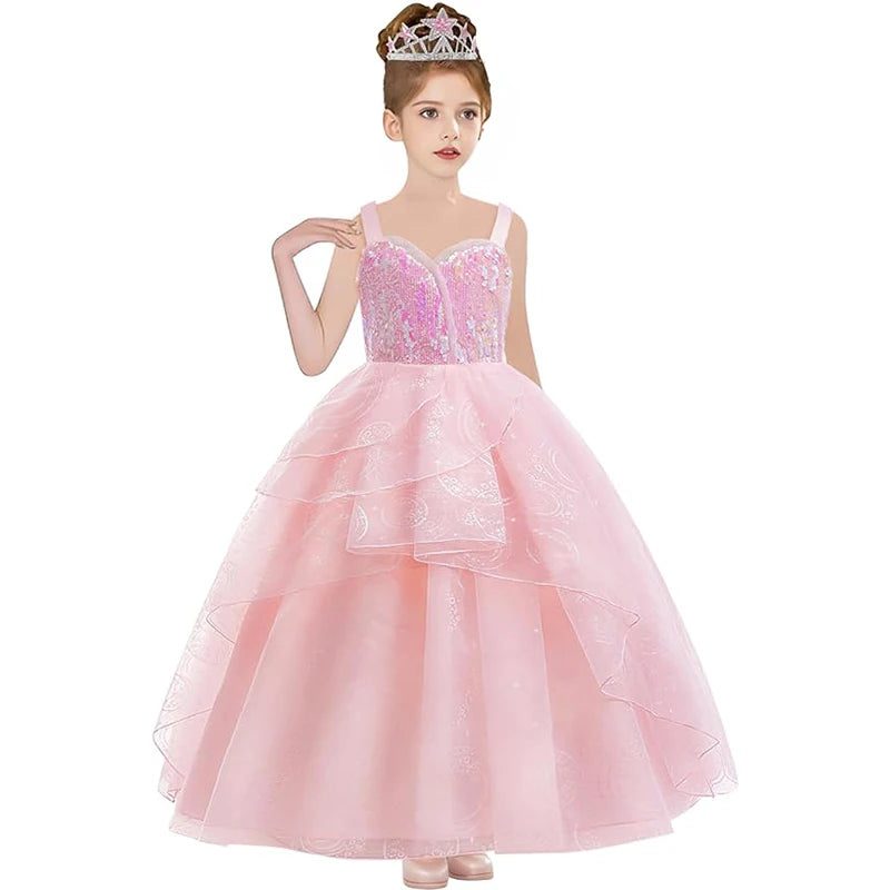 Festive Dress For Girl Fancy Pink Princess Dress Elegant Puffy Girls Wedding Bridesmaid Pageant Party Dress Birthday Ball Gown