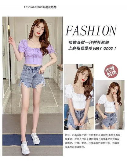 New Women's One-shoulder Lace-up Short Sleeve Waist-hugging Top