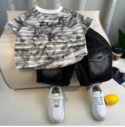 New Boys Fashion Summer Cotton Letter Printing T-shirts+Graffiti Denim Shorts 2pcs Set Kids Korean Outfits Sets Children Clothes