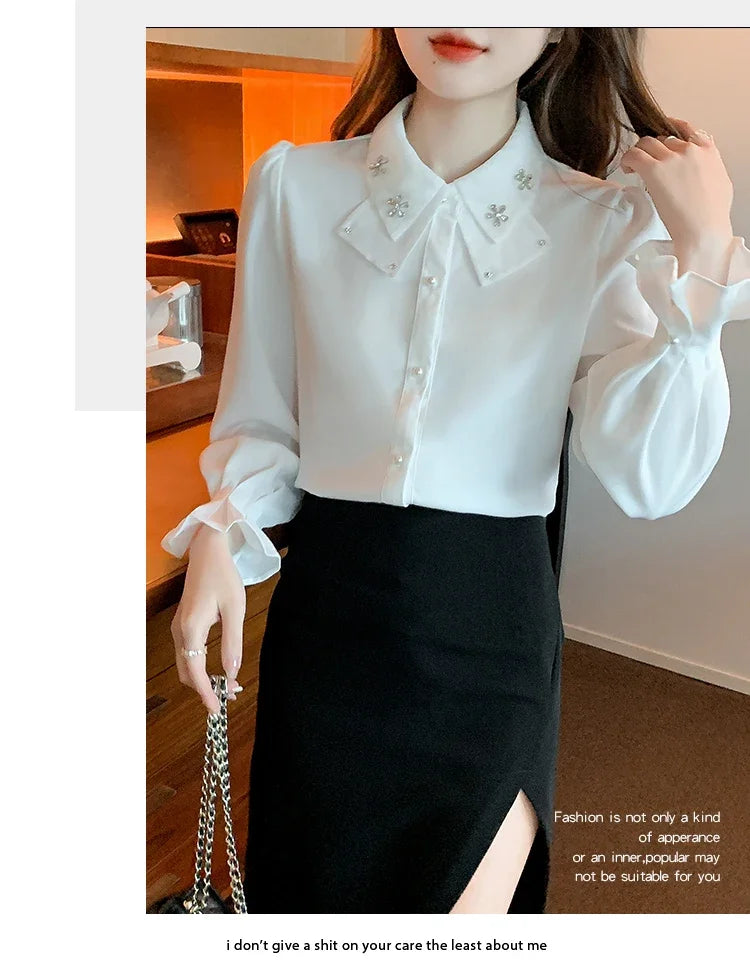 Elegant Long Sleeve Chiffon Shirts Women Autumn Winter Fashion White Blusa Feminina Korean Style Office Ladies Tops Blouses