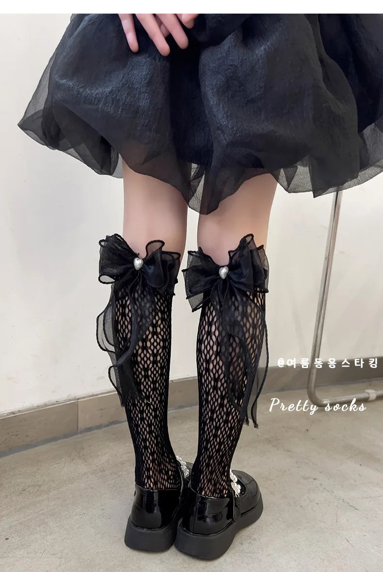 Thin Lolita bow girls' stockings in summer lace bud stockings Japanese princess straight calf socks