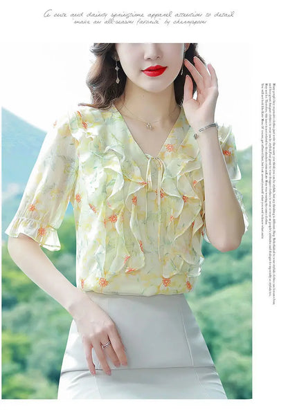 Fashion Printed Spliced Lace Up Bow Ruffles Floral Blouse Women's Clothing Summer New Casual Pullovers Loose Sweet Shirt
