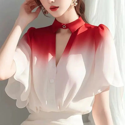 Gradient Shirt for Women with Mature French Lotus Leaf Sleeve Fairy Chiffon Top