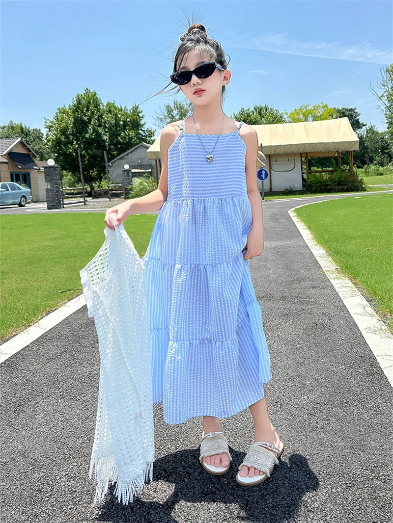 5-14Years Old Girls Dress Children Summer Sweet Beach Holiday Gown Kids Dresses Teenager Sleeveless Clothing Sets