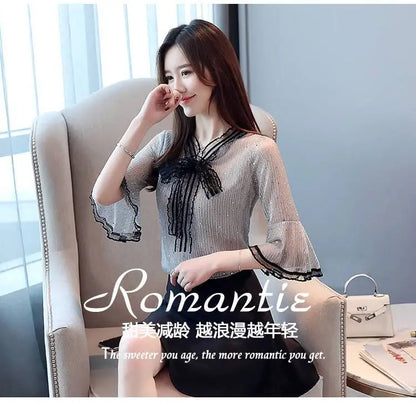 Chiffon Base Shirt with Mid Sleeves Versatile New Spring Sweet and Fashionable Korean Women's Top