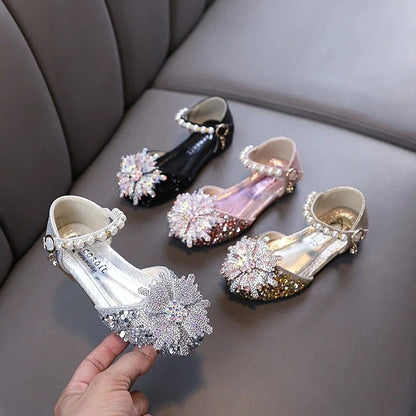 Kids Rhinestones Bow Sandals Cute Girls Party Sandals Children's Princess Shoes Fashion Soft Sole Flat Beach Sandals
