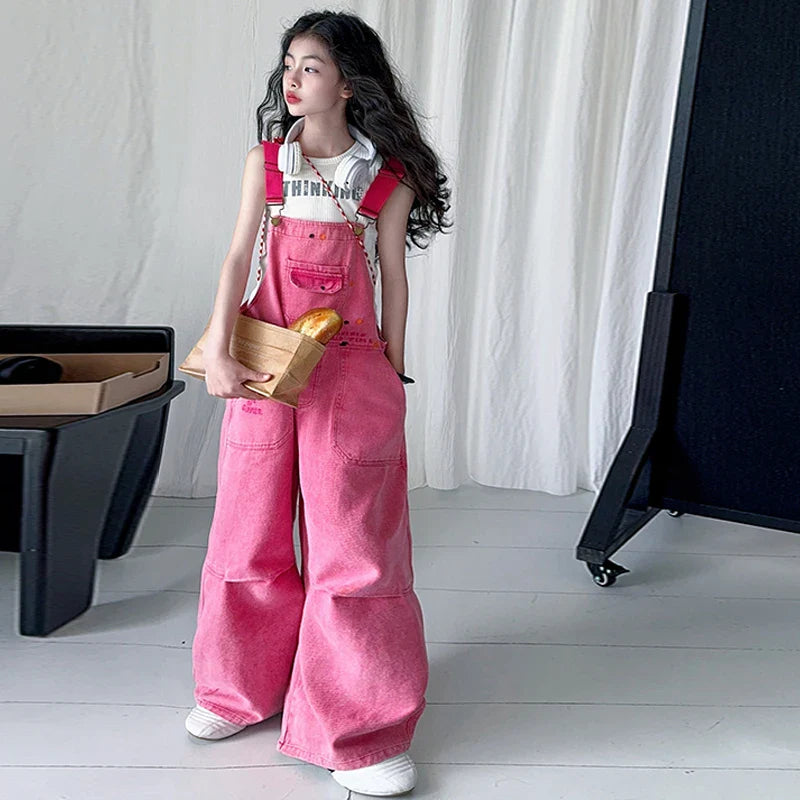 Luxury Kids Pink Denim Dungarees Bib Jeans for Teens Girl Casual Suspender Jumpsuit Child Fashion Jeans Overalls