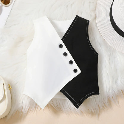 Summer Baby Girl Suits Toddler Clothes Set Black Whit Vest Wide Leg Trousers Flare Pants Kids Outfit Elegant Fashion Children