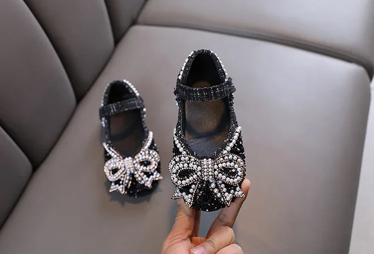 Girls Shoes Bling Single Shoes for Stage Performance Mary Janes Bow Crystal Glitter Wedding Flats Dance Party Leather Shoes New