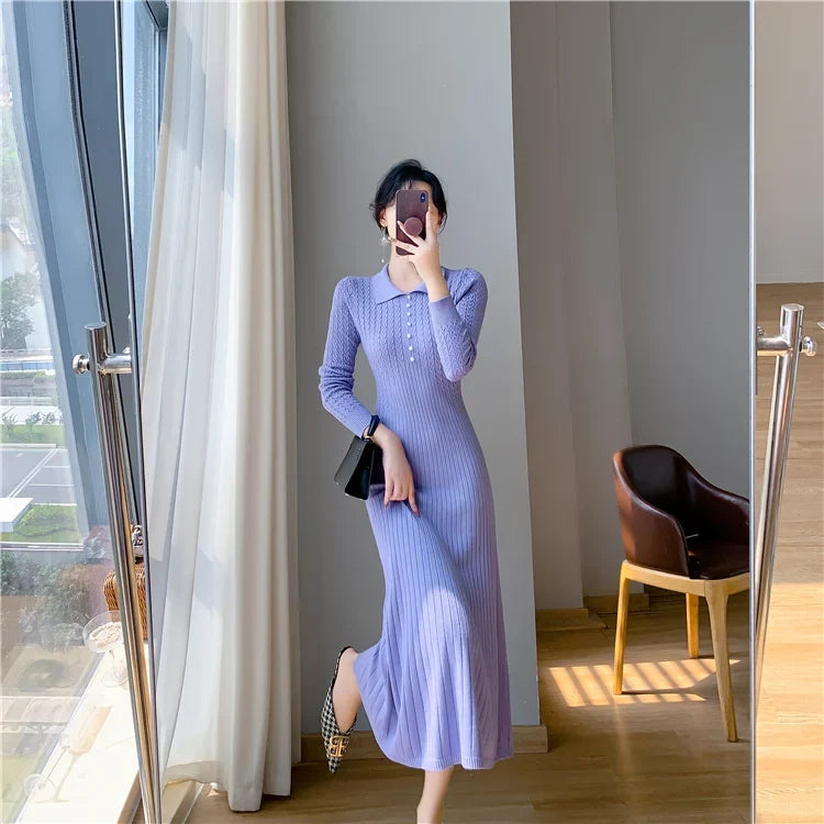 Sweater Dress Women New  Autumn Winter Purple White Or Black High Waist A Line Dress Elegant Long Knitted Dress (Available)