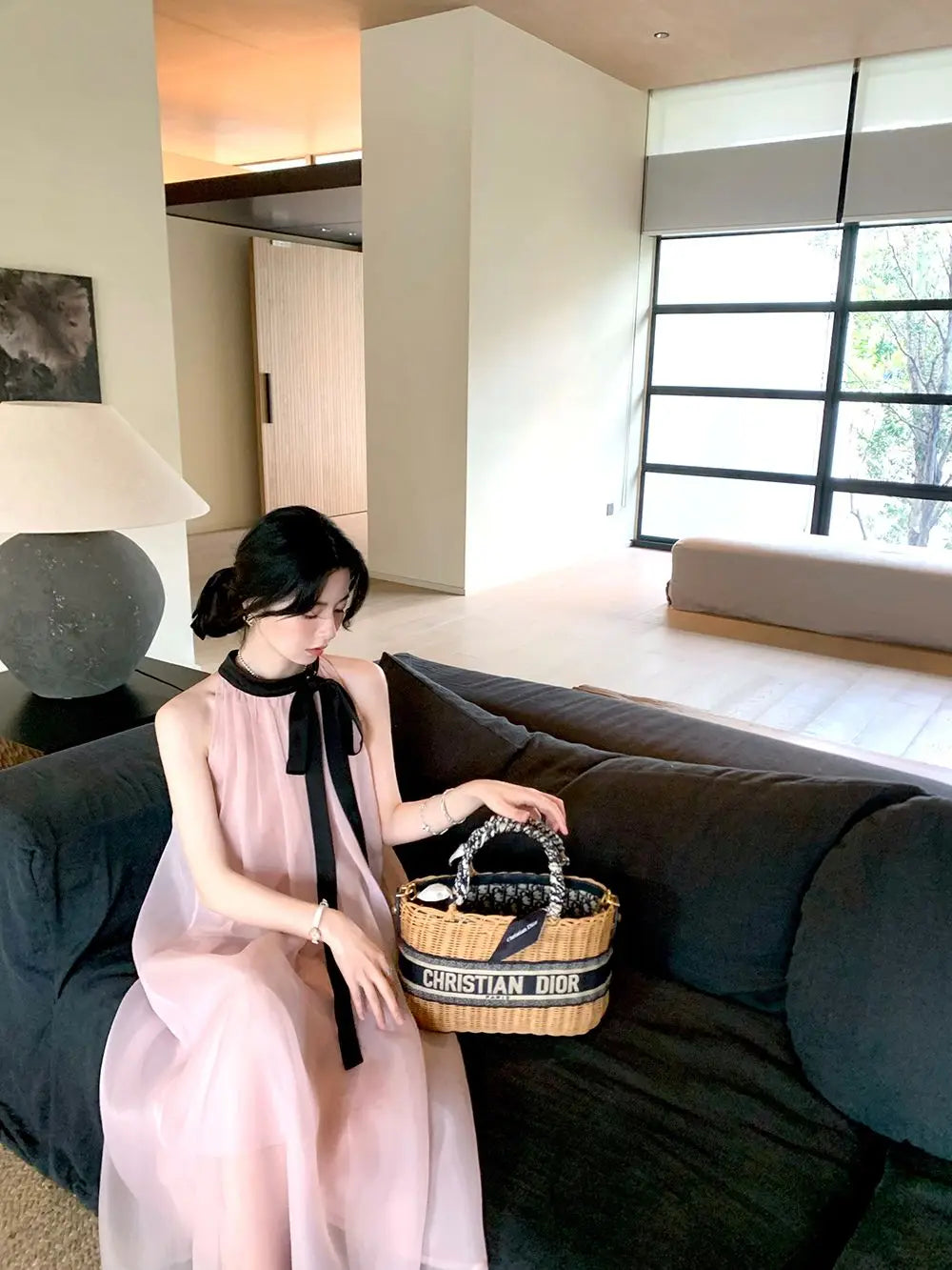 Women's Pink Halter Neck Maxi Dress With Black Bow Detail Sheer Chiffon Flowy Resort Party Dress